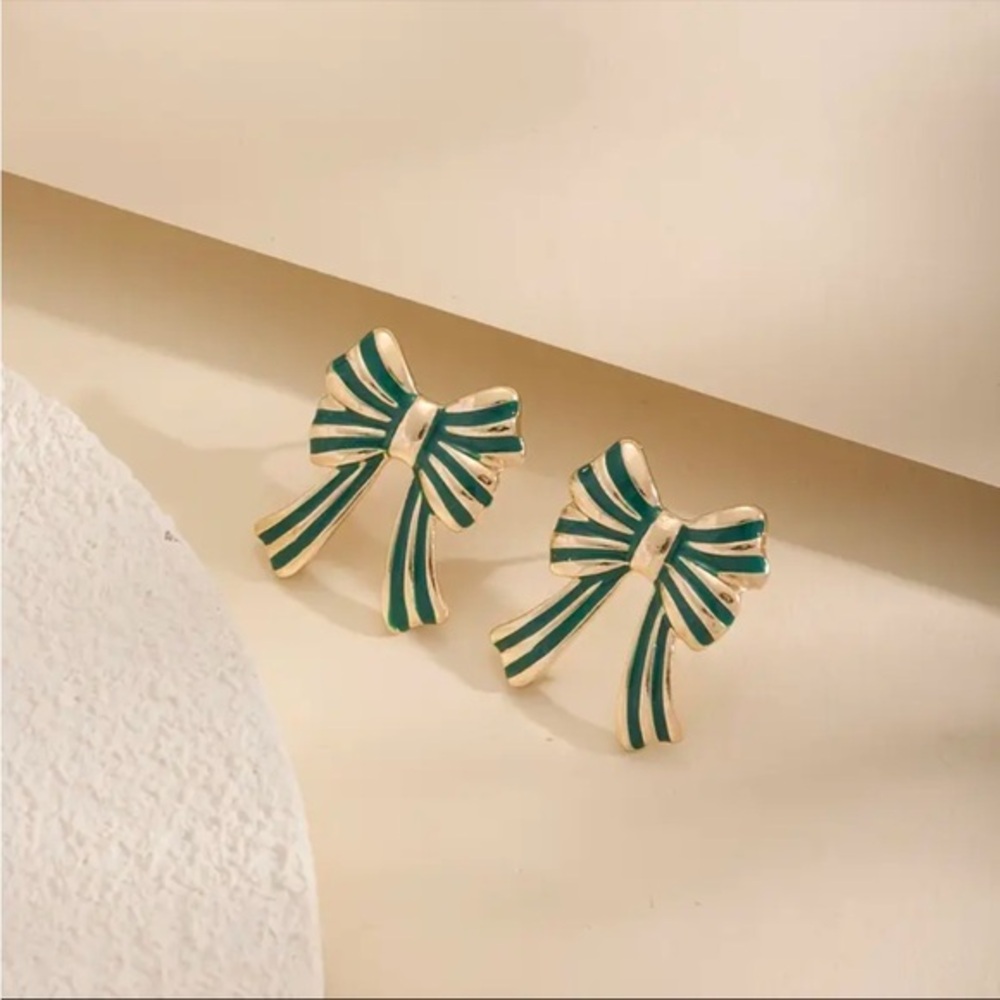 Green Striped Bow Stud Earrings Gold Tone Ribbon Coquette Jewelry NWT